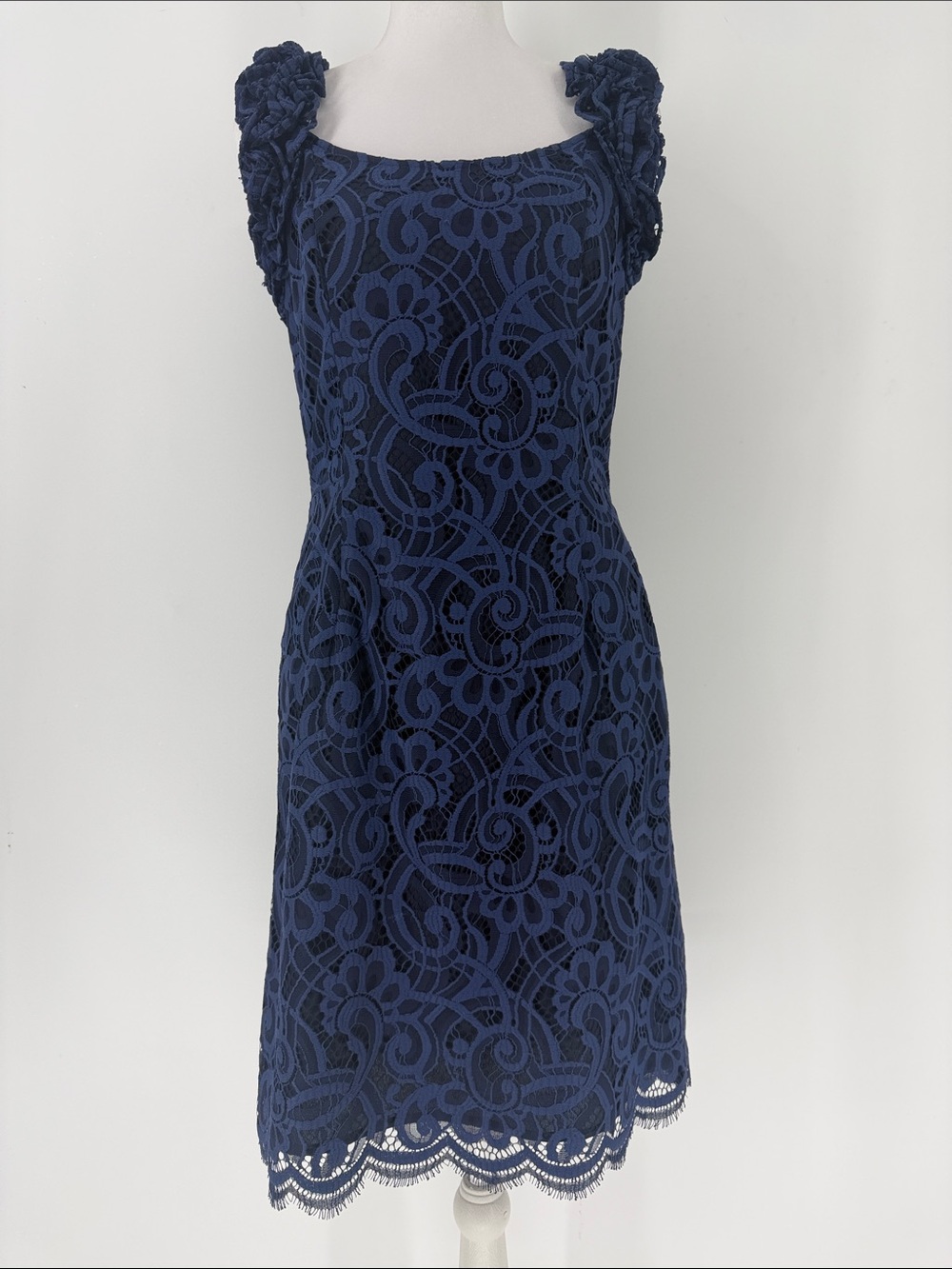 Lilly Pulitzer Navy Blue Lace Ruffle Shoulder Sheath Dress Size 6